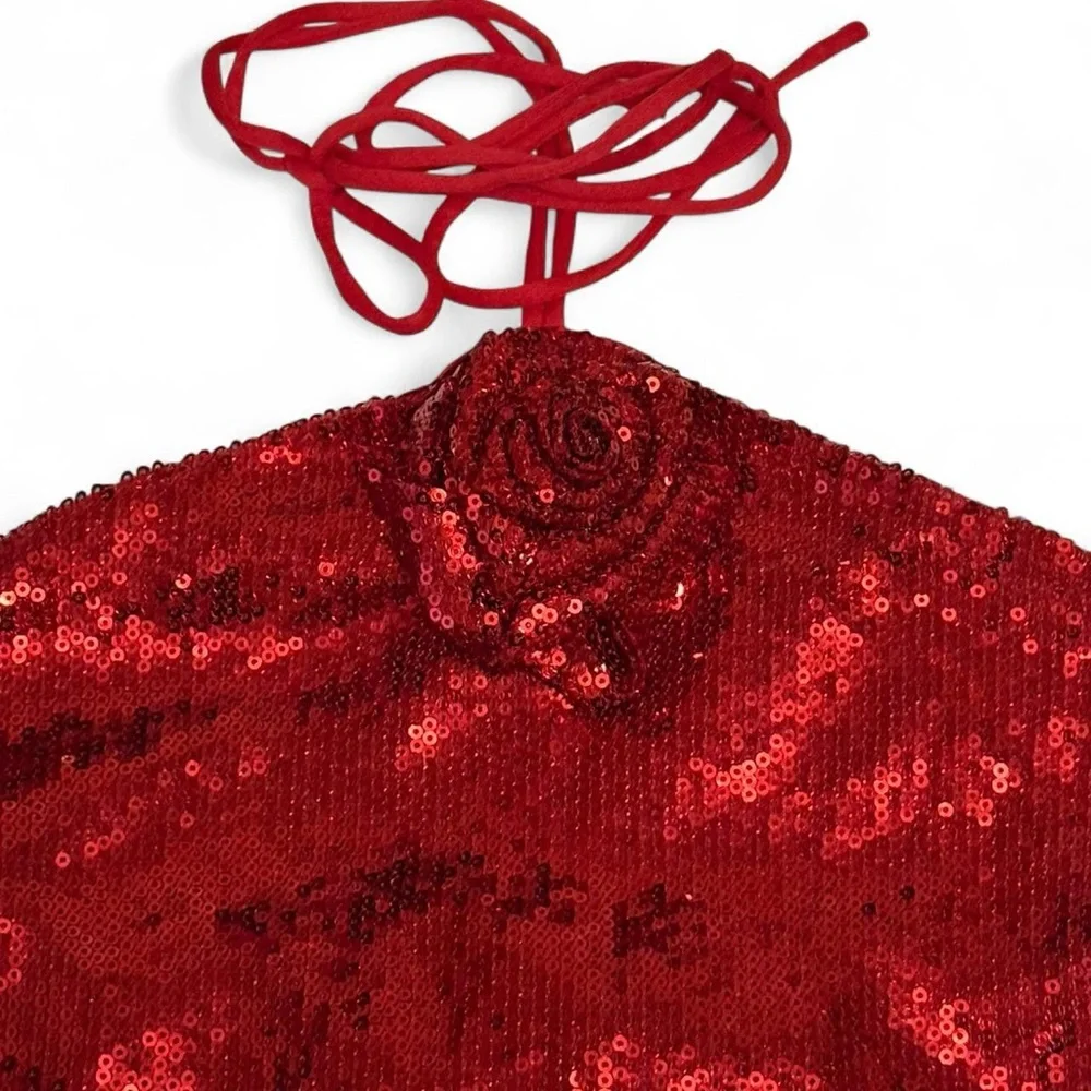 Main Strip Red Sparkle Sequin Halter Top Brand New Size Large - Picture 3 of 5